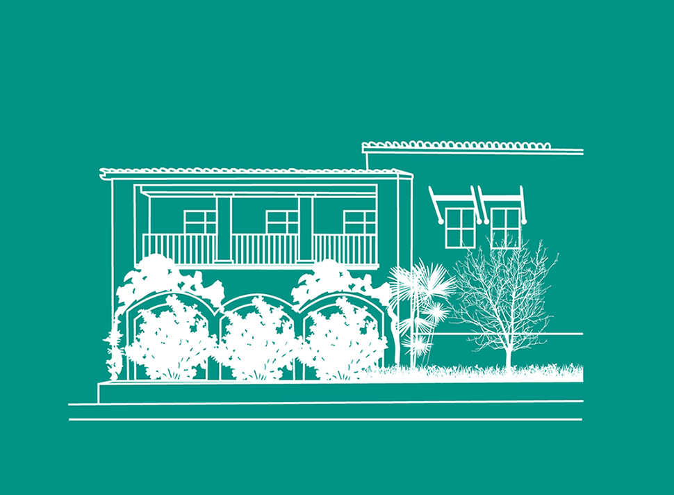 ilustración de línea blanca de los apartamentos de la calle del jardín sobre un fondo verde azulado