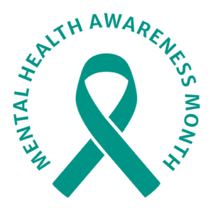teal ribbon surrounded by Mental Health Awareness Month